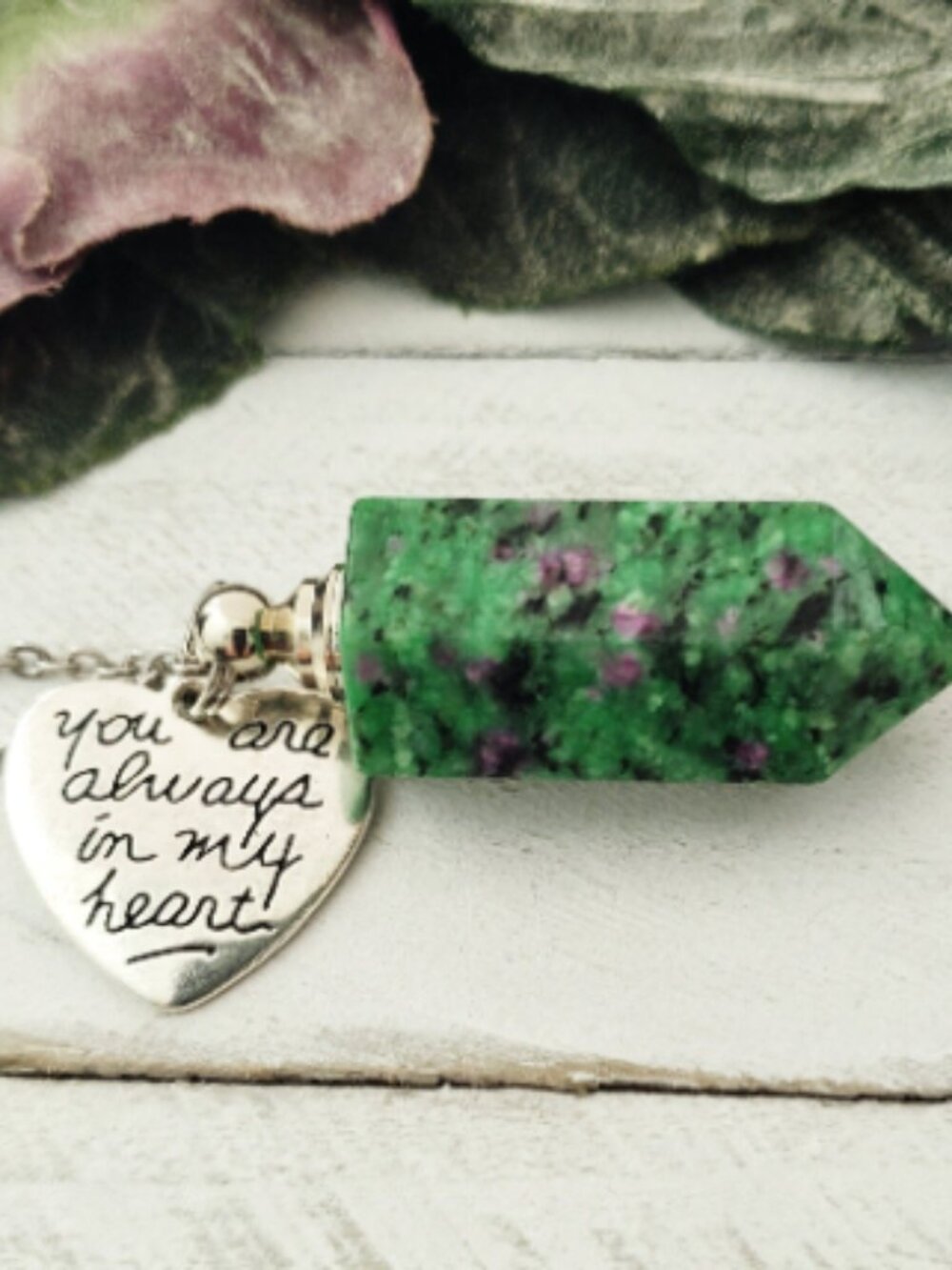 Ruby Zoisite Crystal Vial Bottle Necklace Memorial Pendant Quote Charm